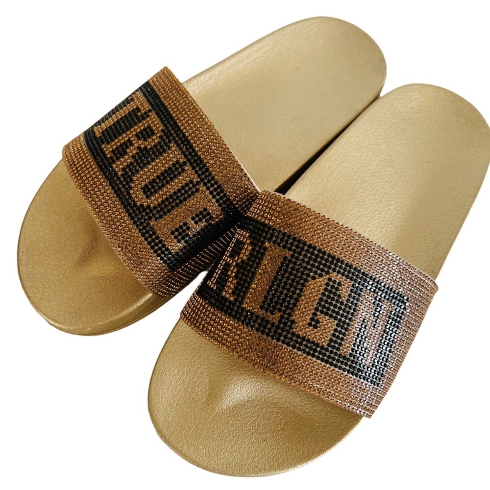 True Religion women’s Jasmine slide sandals gold and black rhinestone size 8